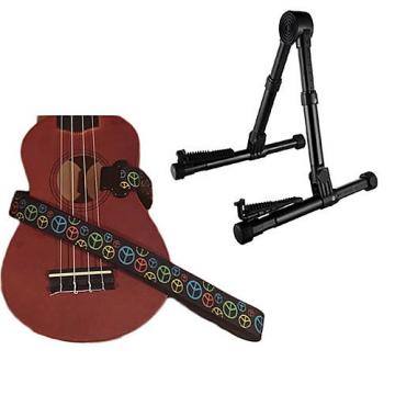 Custom Deluxe Ukulele Strap - Peace Sign Neon Strap w/Meisel GS76 Stand Black