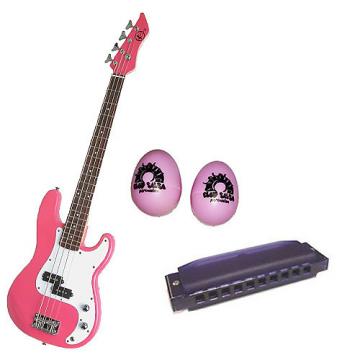 Custom Bass Pack-Pink Kay Electric Bass Guitar Medium Scale w/Pink Shakers &amp; Harmonica