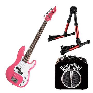 Custom Bass Pack - Pink Kay Electric Bass Guitar Medium Scale w/Mini Amp &amp; Red Stand
