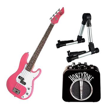 Custom Bass Pack - Pink Kay Electric Bass Guitar Medium Scale w/Mini Amp &amp; Silver Stand