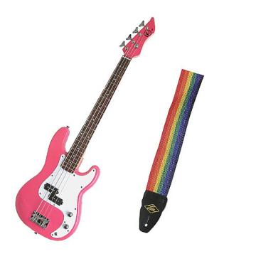 Custom Bass Pack - Pink Kay Electric Bass Guitar Medium Scale w/Rainbow Strap