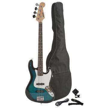Custom Fever 4-String Electric Jazz Bass Style with Gig Bag, Clip on Tuner, Cable and Strap, Color Blue