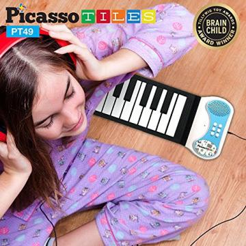 PicassoTiles PT49 Kid's 49-Key Flexible Roll-Up Educational Electronic Digital Music Piano Keyboard w/ Recording Feature, 8 Different tones, 6 Educational Demo Songs &amp; Build-in Speaker - Blue
