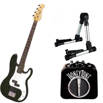 It&rsquo;s All About the Bass Pack - Black Kay Electric Bass Guitar Medium Scale w/Honey tone Mini Amp &amp; Silver Guitar Stand
