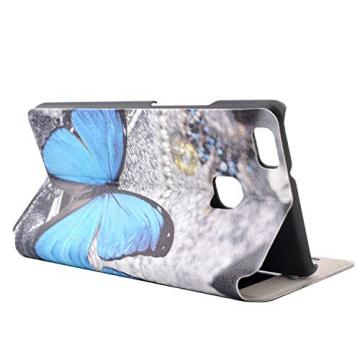 Huawei Ascend P9 Lite Flip Handy Case,Sunroyal PU Leather Folio Smart Touch Window Matte Hard PC Back+Blue Butterfly Crystal Bling Dustproof Pendant+Transparent Screen Protector