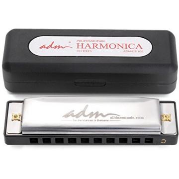 ADM 10 Hole 20 Tones Harmonica Key of C Blues,Mini Harmonica for Beginners, Silver