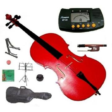 Merano 3/4 Size Red Student Cello with Bag and Bow+2 Sets of Strings+Cello Stand+Black Music Stand+Metro Tuner+Rosin+Rubber Round Mute