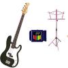 Custom Bass Pack-Black Kay Electric Bass Guitar Medium Scale w/ SN1 Tuner &amp; Black Stand