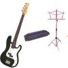Custom Bass Pack-Black Kay Electric Bass Guitar Medium Scale w/Harmonica &amp; Black Stand