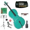 Merano 3/4 Size Green Student Cello with Bag and Bow+2 Sets of Strings+Cello Stand+Black Music Stand+Metro Tuner+Rosin+Rubber Round Mute