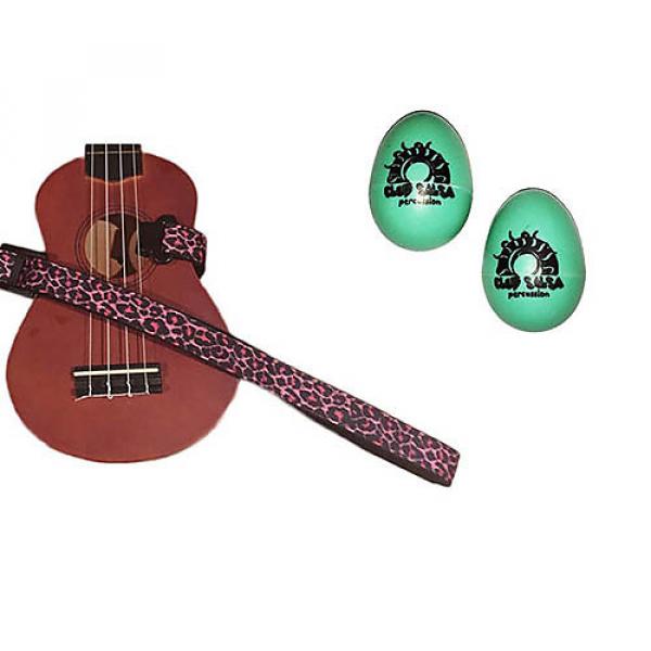 Custom Deluxe Ukulele Strap - Pink Leopard Strap w/Bonus Pair of Rhythm Egg Shakers - Green #1 image