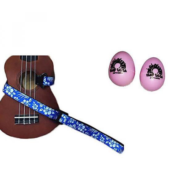 Custom Deluxe Ukulele Strap - Hawaiian Flower Blue w/Bonus Pair of Rhythm Egg Shakers - Pink #1 image