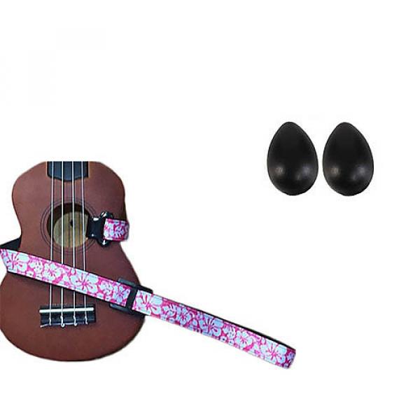 Custom Deluxe Ukulele Strap - Hawaiian Flower Pink w/Bonus Pair of Rhythm Egg Shakers - Black #1 image