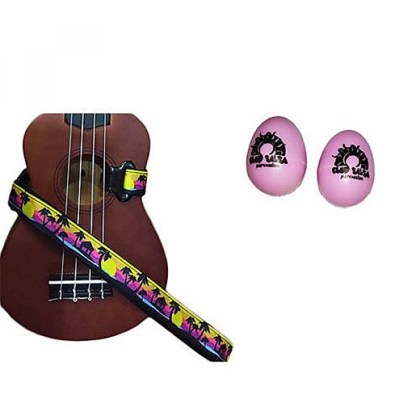Custom Deluxe Ukulele Strap - Palm Trees Strap w/Bonus Pair of Rhythm Egg Shakers - Pink #1 image