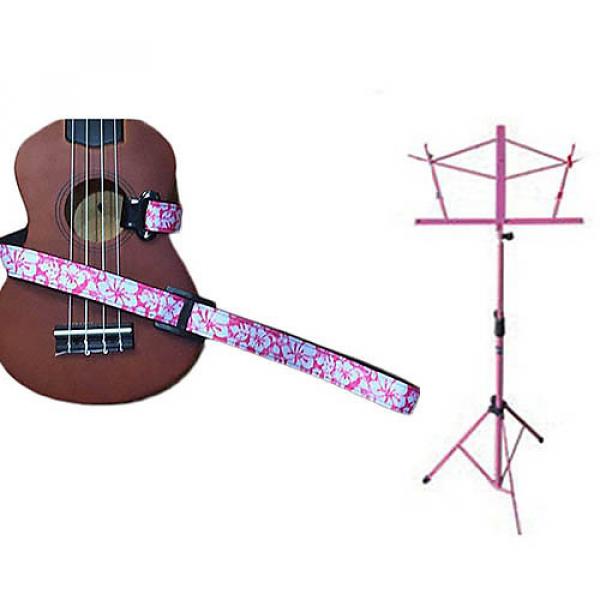 Custom Deluxe Ukulele Strap - Hawaiian Flower Pink w/Pink Collapsible Music Stand #1 image