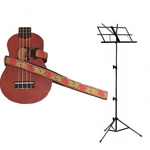 Custom Deluxe Ukulele Strap - Desert Rose Red Strap w/Black Collapsible Music Stand #1 image