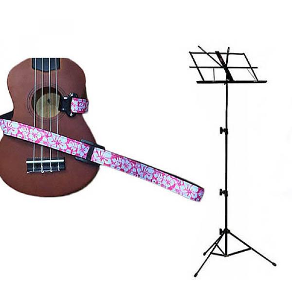 Custom Deluxe Ukulele Strap - Hawaiian Flower Pink w/Black Collapsible Music Stand #1 image