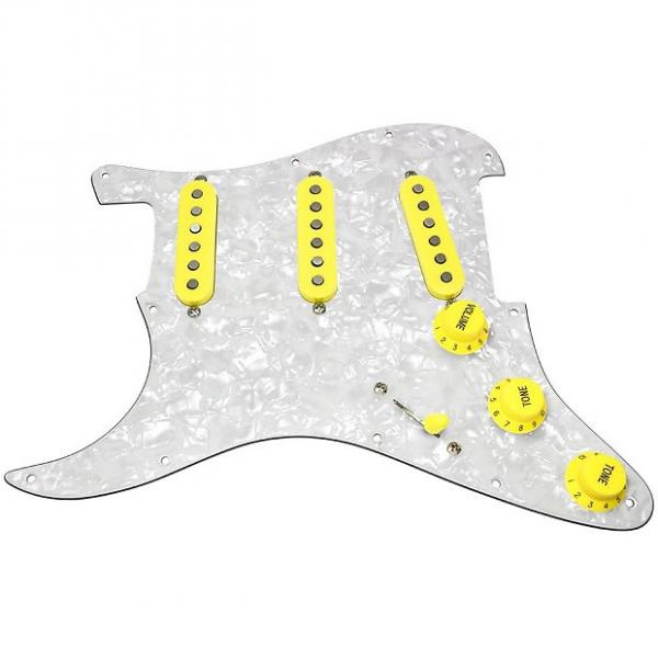 Custom Loaded LEFT HANDED Strat Pickguard, Fender Deluxe Drive, White Pearl/Yellow #1 image