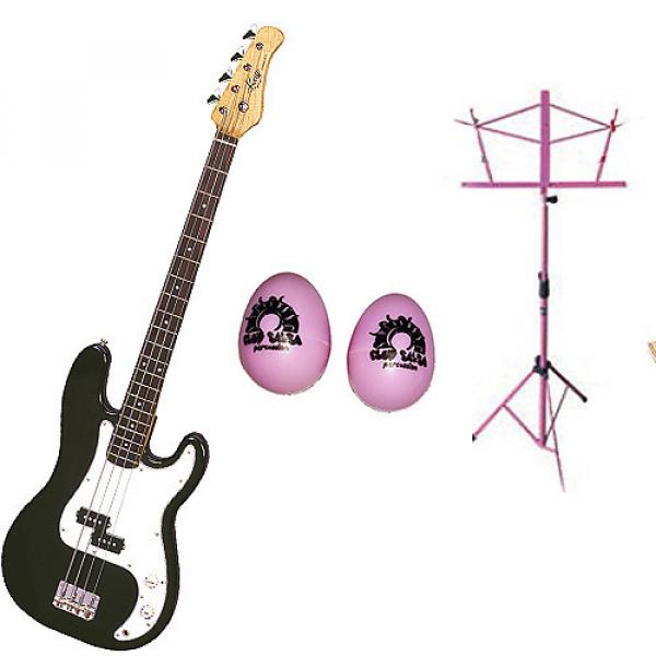 Custom Bass Pack-Black Kay Electric Bass Guitar Medium Scale w/Black Shakers &amp; Black Stand #1 image