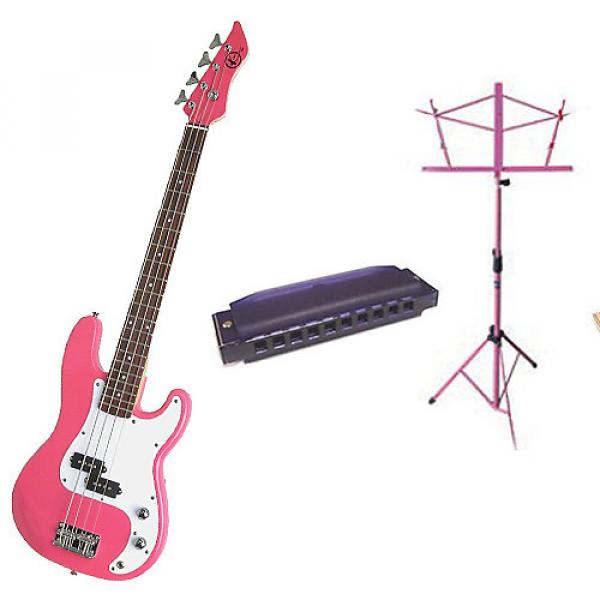Custom Bass Pack-Pink Kay Electric Bass Guitar Medium Scale w/Harmonica &amp; Pink Stand #1 image