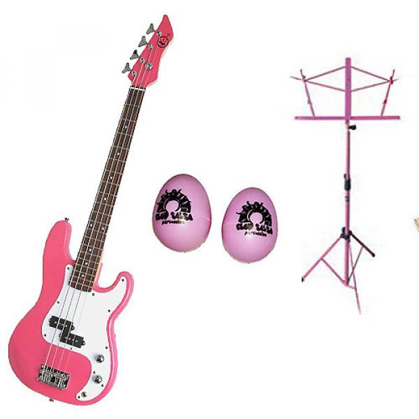 Custom Bass Pack-Pink Kay Electric Bass Guitar Medium Scale w/Pink Shakers &amp; Pink Stand #1 image