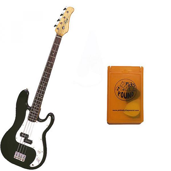 Custom Bass Pack - Black Kay Electric Bass Guitar Medium Scale w/Yellow Pick Case #1 image