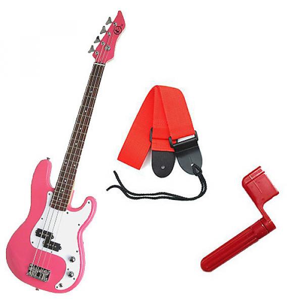 Custom Bass Pack - Pink Kay Bass Guitar Medium Scale w/Red String Winder &amp; Red Strap #1 image