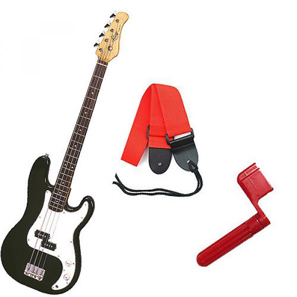 Custom Bass Pack - Black Kay Bass Guitar Medium Scale w/Red String Winder &amp; Red Strap #1 image