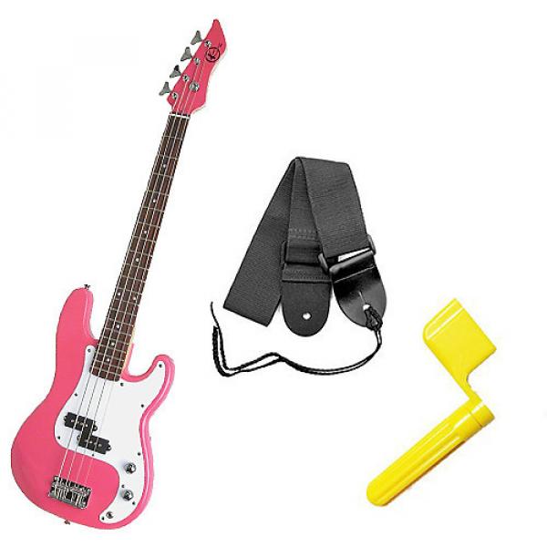 Custom Bass Pack - Pink Kay Bass Guitar Medium Scale w/Yellow String Winder &amp; Strap #1 image