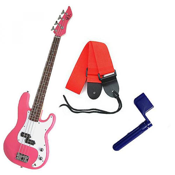 Custom Bass Pack - Pink Kay Bass Guitar Medium Scale w/Blue String Winder &amp; Red Strap #1 image