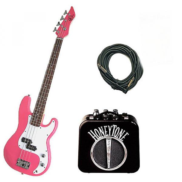 Custom Bass Pack - Pink Kay Electric Bass Guitar Medium Scale w/Mini Amp w/Extra Cable #1 image