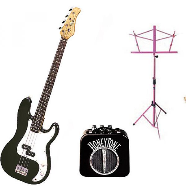 Custom Bass Pack - Black Kay Electric Bass Guitar Medium Scale w/Mini Amp &amp; Black Stand #1 image