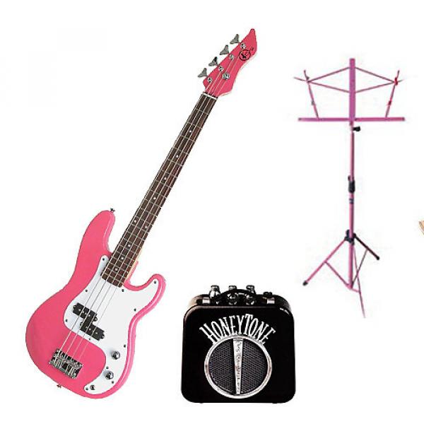 Custom Bass Pack - Pink Kay Electric Bass Guitar Medium Scale w/Mini Amp &amp; Pink Stand #1 image