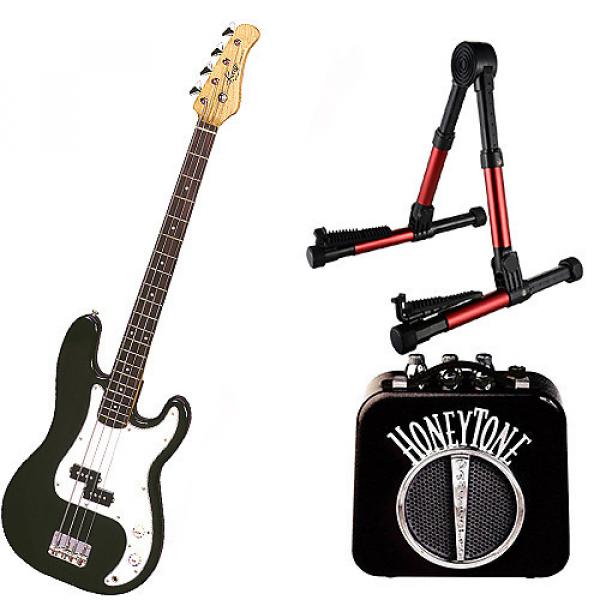 Custom Bass Pack - Black Kay Electric Bass Guitar Medium Scale w/Mini Amp &amp; Red Stand #1 image