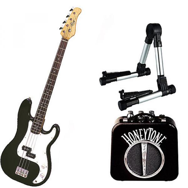 Custom Bass Pack - Black Kay Electric Bass Guitar Medium Scale w/Mini Amp &amp; Silver Stand #1 image