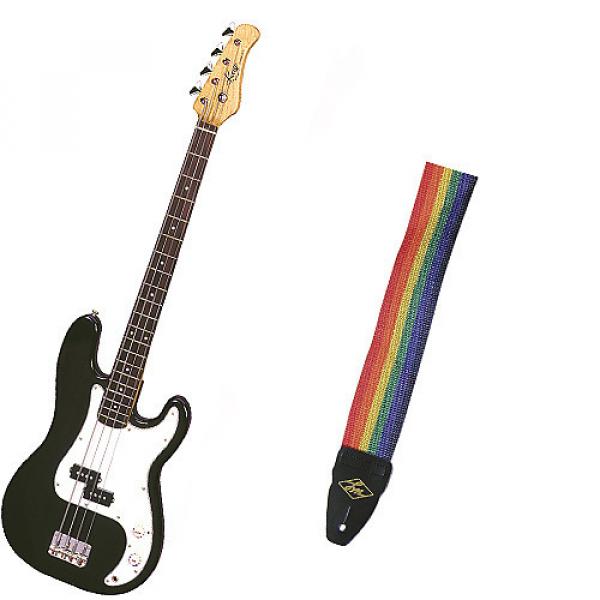 Custom Bass Pack - Black Kay Electric Bass Guitar Medium Scale w/Rainbow Strap #1 image