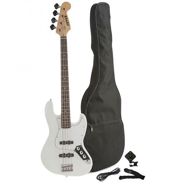 Custom Fever 4-String Electric Jazz Bass Style with Gig Bag, Clip on Tuner, Cable and Strap, Color White #1 image