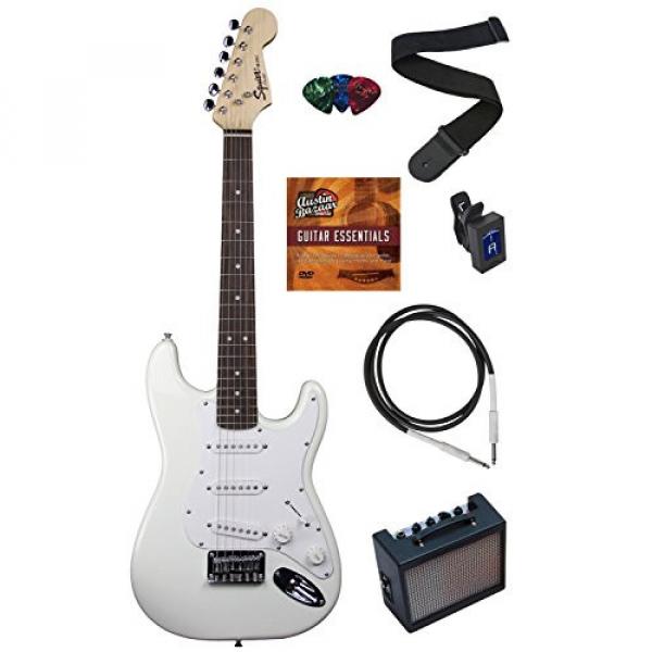 Squier by Fender Mini Strat Electric Guitar Bundle with Amplifier, Cable, Tuner, Strap, Picks, Austin Bazaar Instructional DVD, and Polishing Cloth - Arctic White #1 image