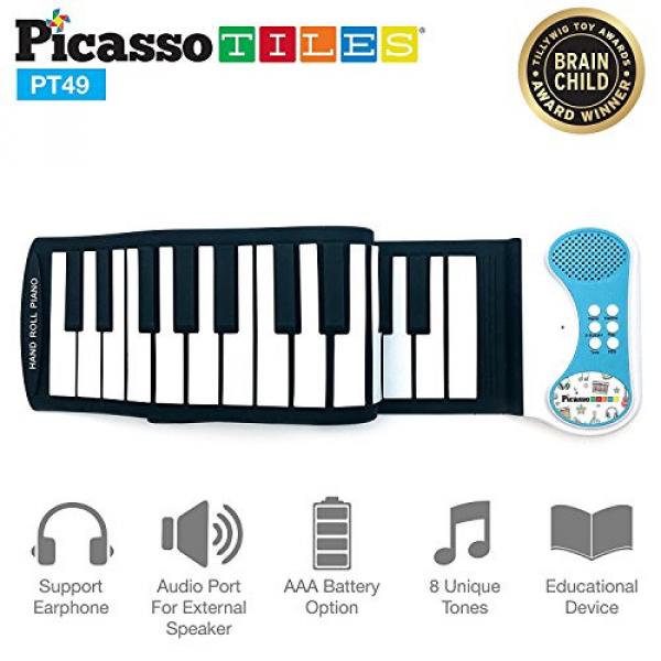 PicassoTiles PT49 Kid's 49-Key Flexible Roll-Up Educational Electronic Digital Music Piano Keyboard w/ Recording Feature, 8 Different tones, 6 Educational Demo Songs &amp; Build-in Speaker - Blue #1 image