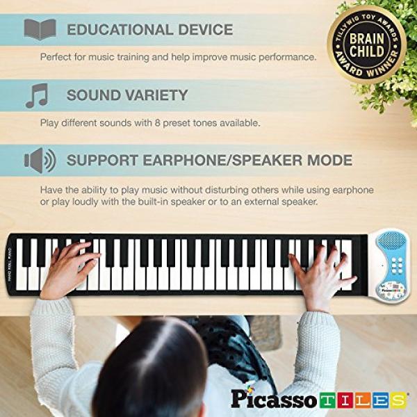 PicassoTiles PT49 Kid's 49-Key Flexible Roll-Up Educational Electronic Digital Music Piano Keyboard w/ Recording Feature, 8 Different tones, 6 Educational Demo Songs &amp; Build-in Speaker - Blue #3 image