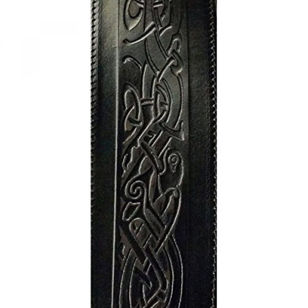 Supersize Extra Large 3&rdquo; Wide 64&rdquo; Long Genuine Leather Guitar Strap - Irish Running Dog Design Black #3 image