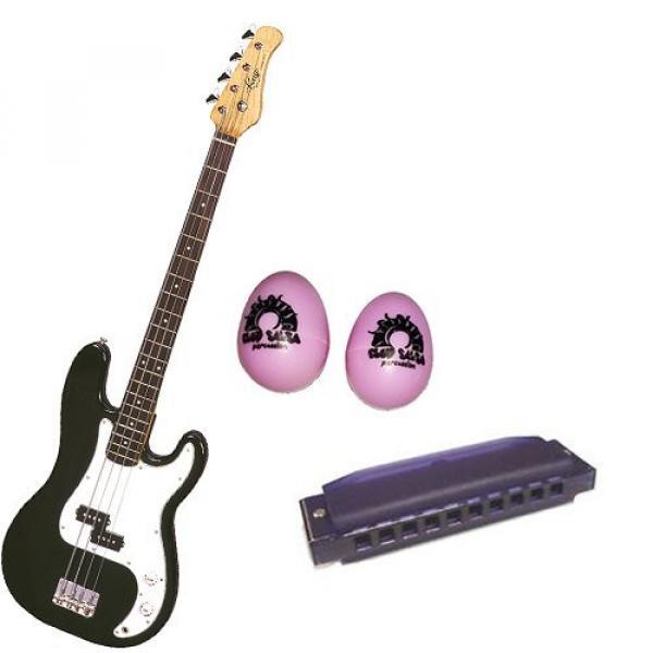 It's All About the Bass Pack-Black Kay Electric Bass Guitar Medium Scale w/Pink Egg Shakers &amp; Purple Harmonica #1 image