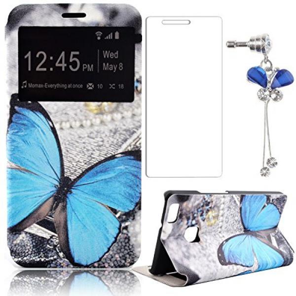 Huawei Ascend P9 Lite Flip Handy Case,Sunroyal PU Leather Folio Smart Touch Window Matte Hard PC Back+Blue Butterfly Crystal Bling Dustproof Pendant+Transparent Screen Protector #1 image