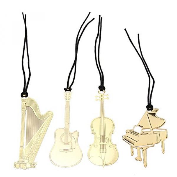 Whitelotous 4 PCs Metal Bookmark Gold Plated Musical Instrument Guitar, Violin, Harp and Piano Book Paper with String #1 image