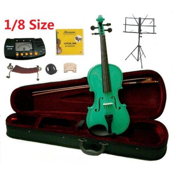 Merano 1/8 Size Green Violin with Case and Bow+Extra Set of Strings, Extra Bridge, Shoulder Rest, Rosin, Metro Tuner, Black Music Stand, Mute #1 image